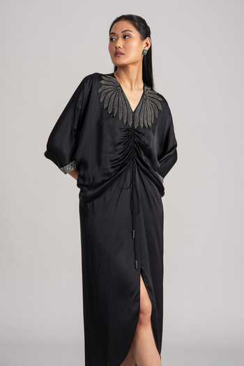 Namrata Joshipura_Black Satin V-neck Estelle Drawstring Ruched Midi Dress _Online_at_Aza_Fashions