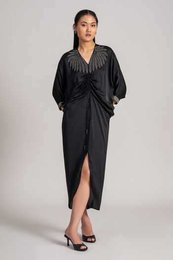 Buy_Namrata Joshipura_Black Satin V-neck Estelle Drawstring Ruched Midi Dress _Online_at_Aza_Fashions