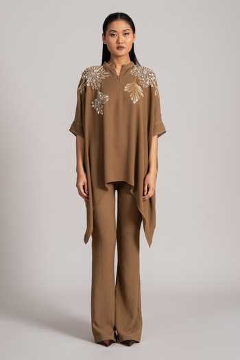 Namrata Joshipura_Brown Georgette, Twill Mandarin Collar, Yes Cosmic Placed Floral Pattern Tunic _Online_at_Aza_Fashions