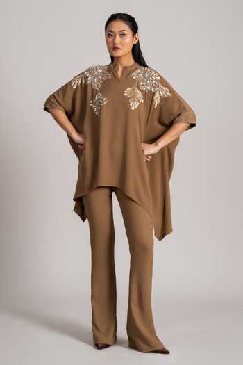 Shop_Namrata Joshipura_Brown Georgette, Twill Mandarin Collar, Yes Cosmic Placed Floral Pattern Tunic _Online_at_Aza_Fashions