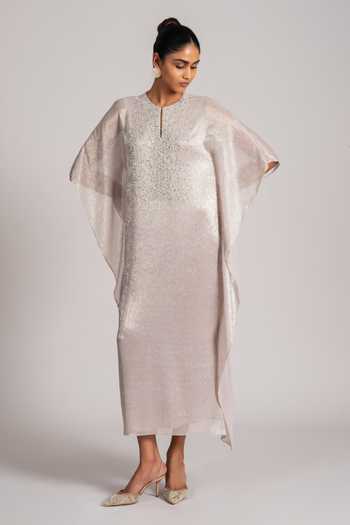 Namrata Joshipura_Gold Chiffon Keyhole Neck Pearl Embellished Shimmer Kaftan _Online_at_Aza_Fashions