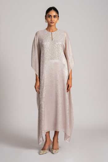 Buy_Namrata Joshipura_Gold Chiffon Keyhole Neck Pearl Embellished Shimmer Kaftan _Online_at_Aza_Fashions