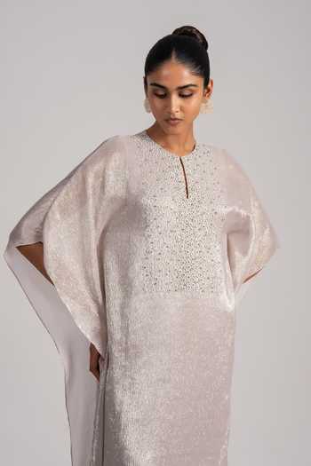 Shop_Namrata Joshipura_Gold Chiffon Keyhole Neck Pearl Embellished Shimmer Kaftan _Online_at_Aza_Fashions