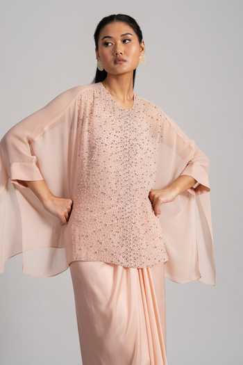 Namrata Joshipura_Blush Georgette Round Neck Embellished Kaftan Set _Online_at_Aza_Fashions