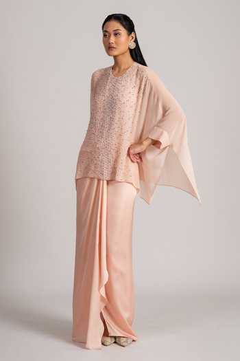 Buy_Namrata Joshipura_Blush Georgette Round Neck Embellished Kaftan Set _Online_at_Aza_Fashions