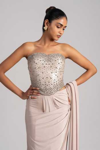 Namrata Joshipura_Gold Jersey Crystals Bandeau Neck Pre-draped Saree And Embellished Corset Set _Online_at_Aza_Fashions