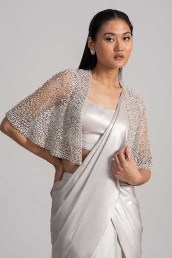 Namrata Joshipura_Ivory Crepe Square Neck Embellished Cape Pre-draped Saree Set _Online_at_Aza_Fashions