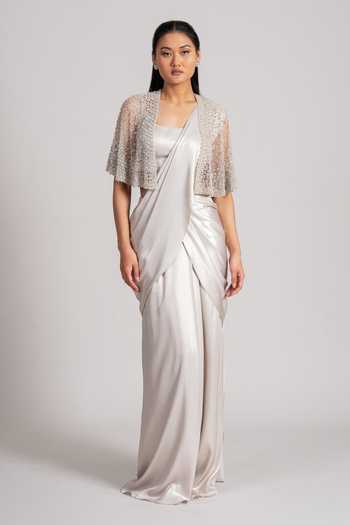 Buy_Namrata Joshipura_Ivory Crepe Square Neck Embellished Cape Pre-draped Saree Set _Online_at_Aza_Fashions