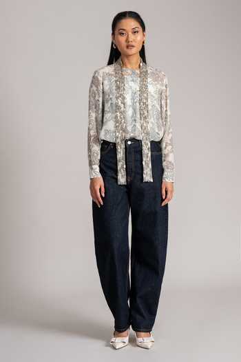 Buy_Namrata Joshipura_Ivory Georgette High Neck Paisley Print Shirt And Tie Set _Online_at_Aza_Fashions