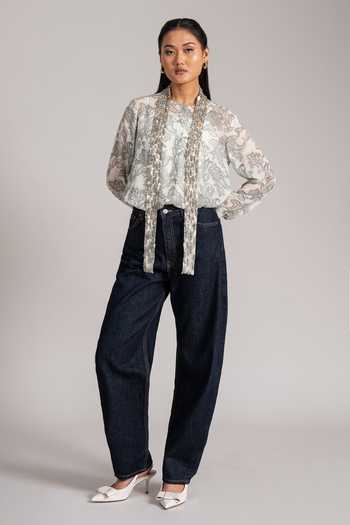 Shop_Namrata Joshipura_Ivory Georgette High Neck Paisley Print Shirt And Tie Set _Online_at_Aza_Fashions