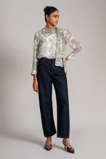 Namrata Joshipura_Ivory Georgette High Neck Paisley Print Shirt And Tie Set _Online_at_Aza_Fashions