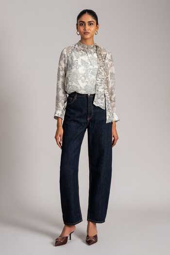 Buy_Namrata Joshipura_Ivory Georgette High Neck Paisley Print Shirt And Tie Set _Online_at_Aza_Fashions