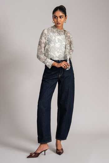 Shop_Namrata Joshipura_Ivory Georgette High Neck Paisley Print Shirt And Tie Set _Online_at_Aza_Fashions