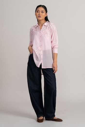 Shop_Namrata Joshipura_Pink Georgette Collared Floral Applique Shirt _Online_at_Aza_Fashions