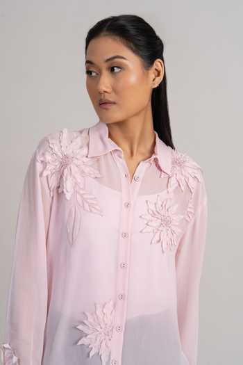Namrata Joshipura_Pink Georgette Collared Floral Applique Shirt _at_Aza_Fashions