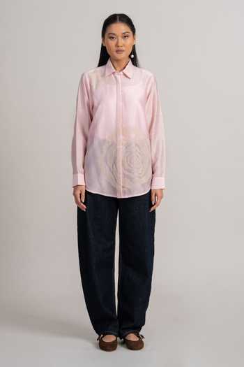 Namrata Joshipura_Blush Linen, Modal Collared Rosette Shirt _Online_at_Aza_Fashions