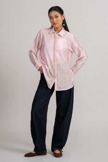 Namrata Joshipura_Blush Linen, Modal Collared Rosette Shirt _at_Aza_Fashions