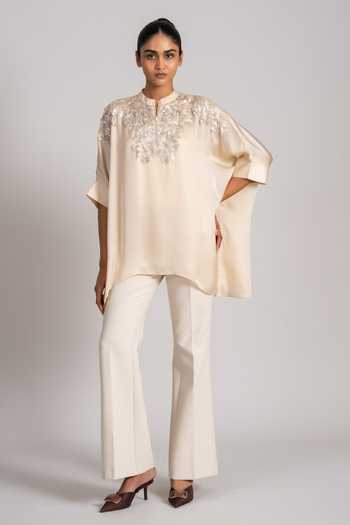 Namrata Joshipura_Cream Satin Mandarin Collar Embroidered Hankerchief Tunic _Online_at_Aza_Fashions