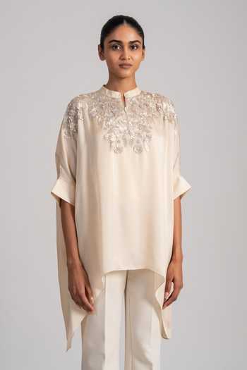 Buy_Namrata Joshipura_Cream Satin Mandarin Collar Embroidered Hankerchief Tunic _Online_at_Aza_Fashions