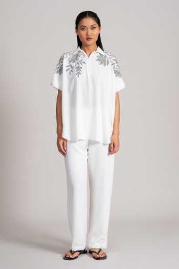 Namrata Joshipura_Ivory Georgette, Twill Polo Collar Lume Floral Embroidered Shirt And Pant Set _Online_at_Aza_Fashions