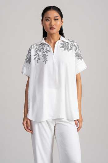 Buy_Namrata Joshipura_Ivory Georgette, Twill Polo Collar Lume Floral Embroidered Shirt And Pant Set _Online_at_Aza_Fashions