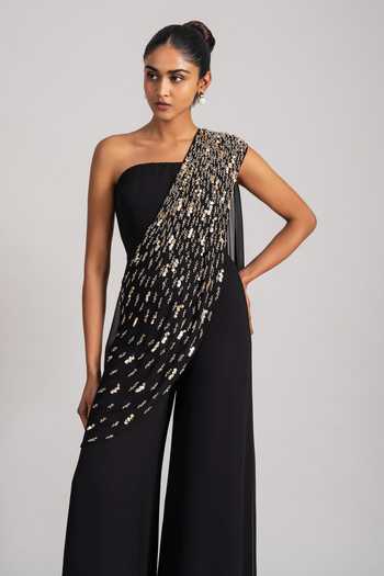 Namrata Joshipura_Black Cosmic Sequin-draped One-shoulder Jumpsuit _Online_at_Aza_Fashions