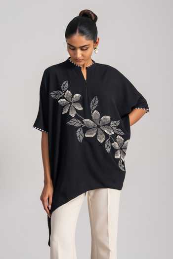 Namrata Joshipura_Black Georgette, Twill Mandarin Collar Handkerchief Tunic _Online_at_Aza_Fashions