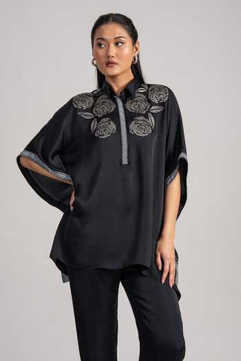 Namrata Joshipura_Black Satin Collared Rose Embroidered Top And Pant Set _Online_at_Aza_Fashions