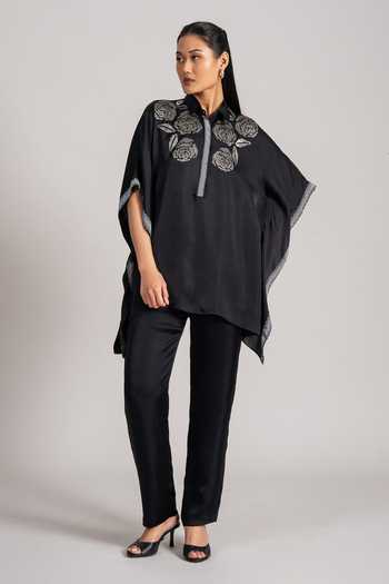 Buy_Namrata Joshipura_Black Satin Collared Rose Embroidered Top And Pant Set _Online_at_Aza_Fashions