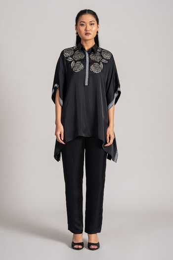 Shop_Namrata Joshipura_Black Satin Collared Rose Embroidered Top And Pant Set _Online_at_Aza_Fashions