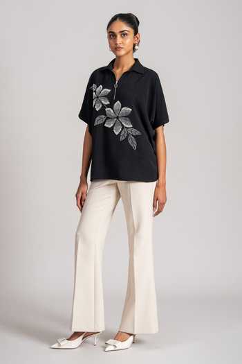 Namrata Joshipura_Black Georgette, Twill Collared Astra Placed Floral Pattern Top _Online_at_Aza_Fashions