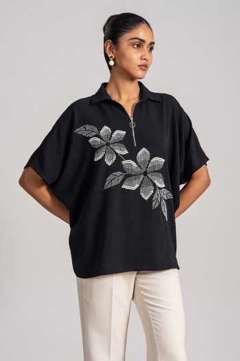 Buy_Namrata Joshipura_Black Georgette, Twill Collared Astra Placed Floral Pattern Top _Online_at_Aza_Fashions