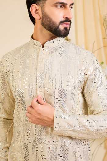 Buy_Kasbah_Gold Tissue Sequin Mirrorwork Kurta _Online_at_Aza_Fashions