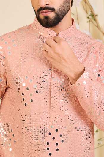 Buy_Kasbah_Peach Silk Mirror Work Embroidered Kurta _Online_at_Aza_Fashions