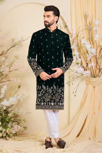 Kasbah_Green Velvet Embroidered Sherwani _Online_at_Aza_Fashions