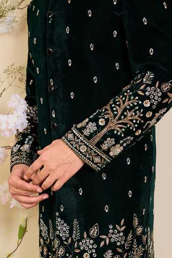 Buy_Kasbah_Green Velvet Embroidered Sherwani _Online_at_Aza_Fashions