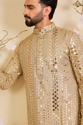 Buy_Kasbah_Gold Tissue Mirrorwork Kurta _Online_at_Aza_Fashions
