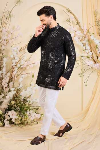 Kasbah_Black Net Sequin Mirrorwork Kurta  _Online_at_Aza_Fashions