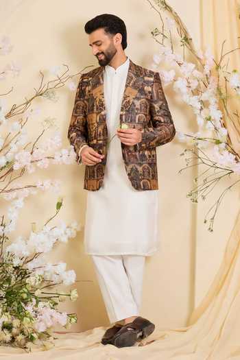 Kasbah_Multi Color Silk, Tussar Aari Embroidered Mughal Print Blazer _Online_at_Aza_Fashions