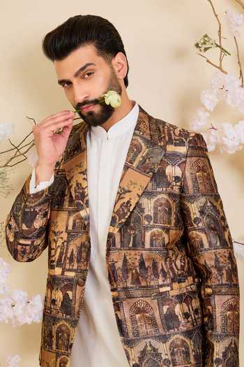 Buy_Kasbah_Multi Color Silk, Tussar Aari Embroidered Mughal Print Blazer _Online_at_Aza_Fashions