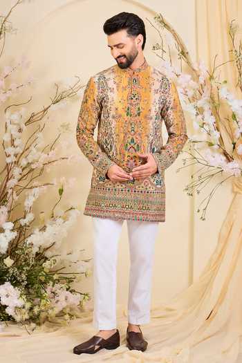 Buy_Kasbah_Yellow Crepe Floral Print Kurta _Online_at_Aza_Fashions