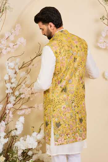 Kasbah_Yellow Georgette Sequin Floral Nehru Jacket _Online_at_Aza_Fashions