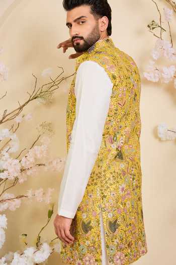 Buy_Kasbah_Yellow Georgette Sequin Floral Nehru Jacket _Online_at_Aza_Fashions