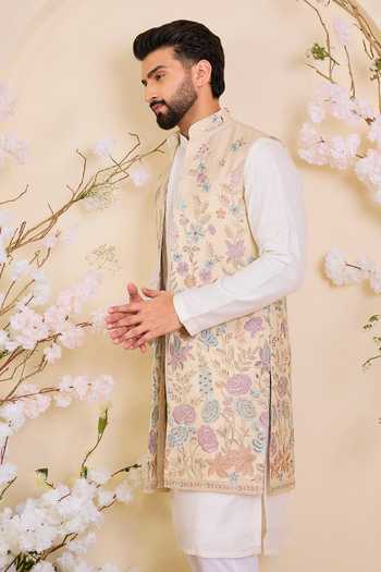 Kasbah_Gold Tissue Embroidered Nehru Jacket _Online_at_Aza_Fashions