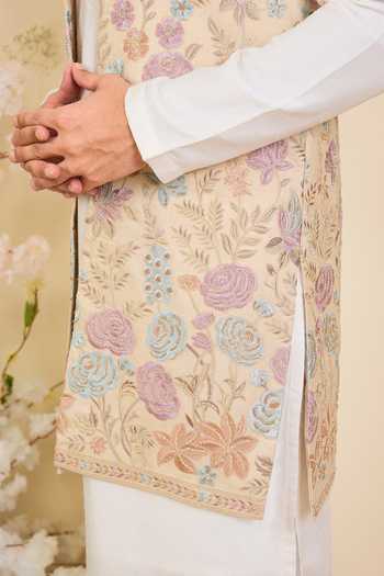 Buy_Kasbah_Gold Tissue Embroidered Nehru Jacket _Online_at_Aza_Fashions