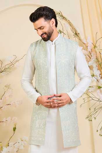 Kasbah_Blue Georgette Floral Embroidered Nehru Jacket _Online_at_Aza_Fashions
