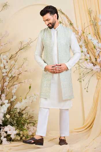 Buy_Kasbah_Blue Georgette Floral Embroidered Nehru Jacket _Online_at_Aza_Fashions