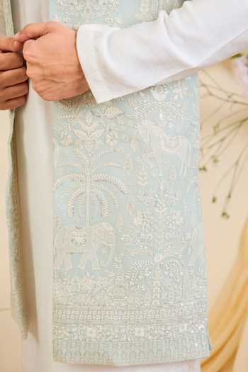 Shop_Kasbah_Blue Georgette Floral Embroidered Nehru Jacket _Online_at_Aza_Fashions