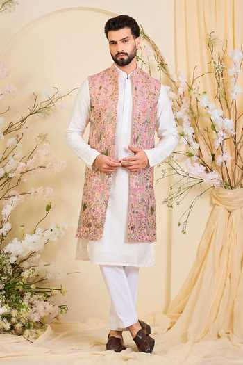 Kasbah_Pink Georgette Sequin Embroidered Nehru Jacket _Online_at_Aza_Fashions