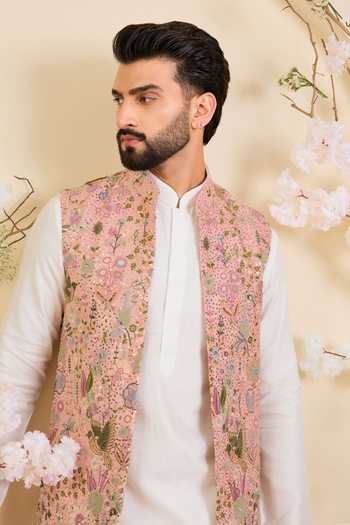 Buy_Kasbah_Pink Georgette Sequin Embroidered Nehru Jacket _Online_at_Aza_Fashions